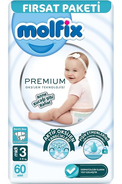 Molfix Premium Baby Diaper Size:3 (4-9kg) Midi 180 Pieces Fırsat Pk + 6 Wet Wipes