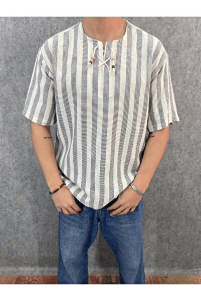 FıttingRoom Oversize Bohemian Cotton Linen Striped Tshirt