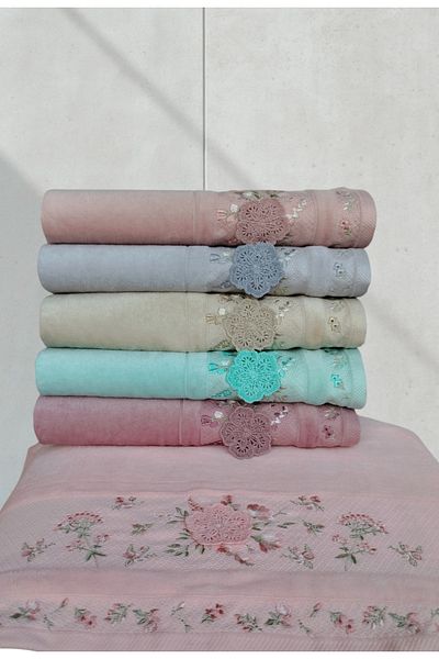 Fiesta Colorful 3D Embroidered Velvet Border 6 Pieces 50X90 cm Hand Face Towel