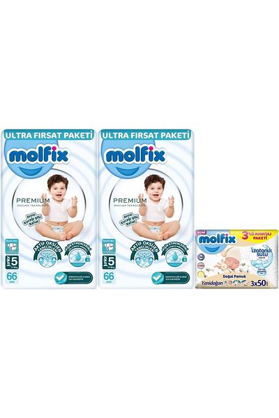 Molfix Premium Baby Diaper 11-18kg Junior with 132 Pieces and 3 Wet Wipes