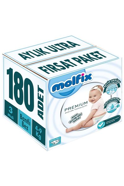Molfix Premium Baby Diaper Size:3 (4-9kg) Midi 180 Pieces Monthly Ultra Opportunity Package