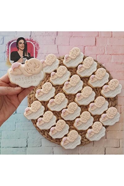 Tatlı Armağanlar İsimli Yenidoğan Pembe Bulutta Uyuyan Bebek Butik Kurabiye- 20 Adet