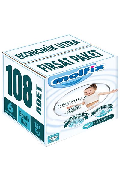 Molfix Premium 15 kg Economic Ultra Deal - 108 Pieces Baby Diapers, Extra Large Size