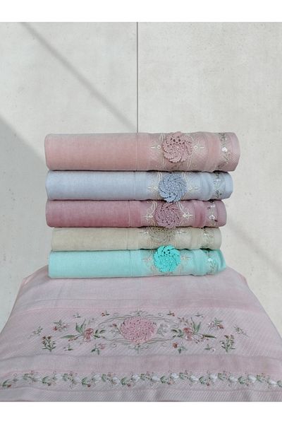 Fiesta Velvet Dual Border 3D Embroidered, Colorful 100% Cotton Hand Face Pool (6 Pcs X 50X90 cm)