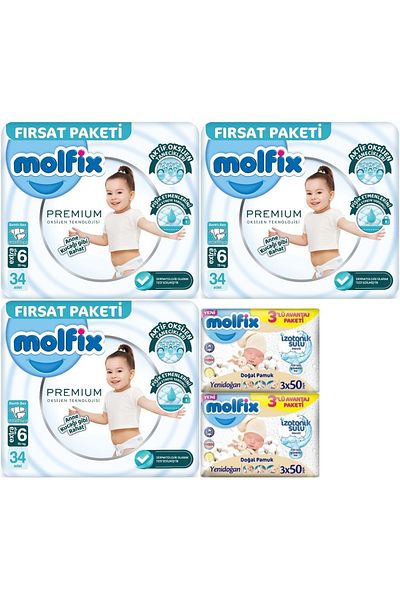 Molfix Baby Diaper Size 15+kg Extra Large 102Pcs with 6 Wet Wipes