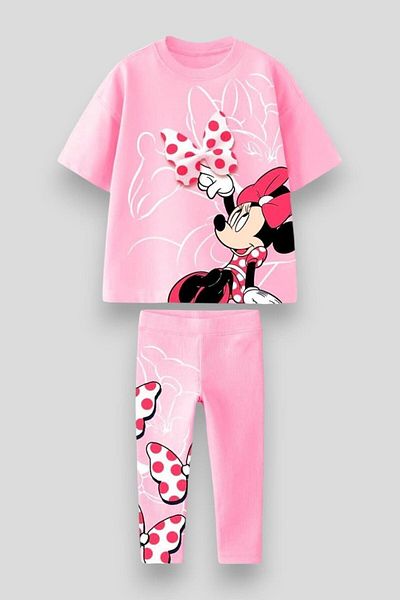 ibeeka Girl's Polka Dot Pink Color Bow 3D Detail T-Shirt and Leggings Bottom Top Set - Trend Style