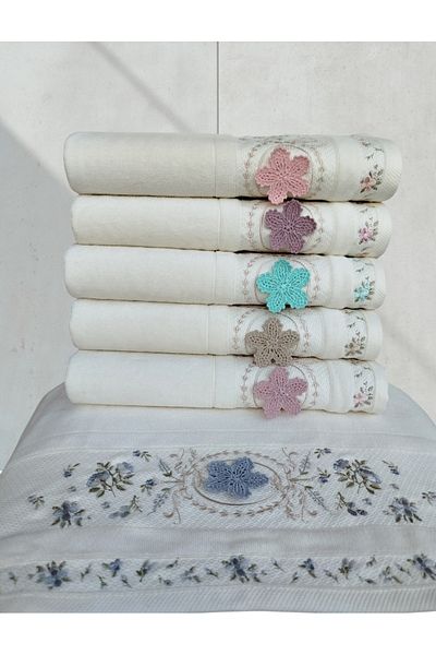 Fiesta Velvet Dual Border 3D Embroidered 100% Cotton 50X90 cm Hand Face Towel (6 Pieces)