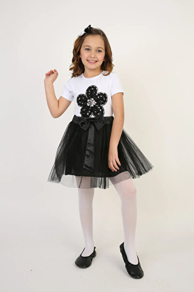 NOBLE STORE Κοριτσίστικο μπλουζάκι με παγιέτες τιρκουάζ λουλούδι Σετ φούστα τ...