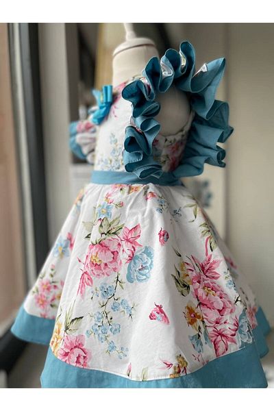 Sare Çocuk Giyim Girl's Blue Floral Brooch Detailed Princess Birthday Dress with Ruffled Shoulder Designer Dress