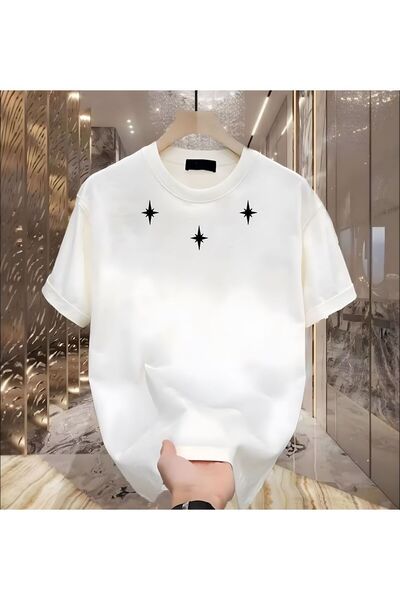 donamod Tricou alb cu imprimeu 3 stele