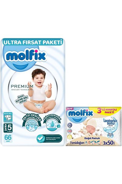Molfix Premium Baby Diaper 11-18kg 66 Pcs Extra Wet Wipes
