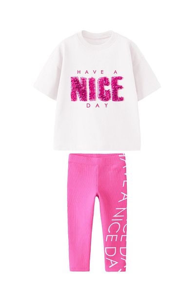 Lolliboomkids Slogan de broderie 3D pentru fete cu detaliu de vară Tricou din bumbac Leggings Set de sus și de jos