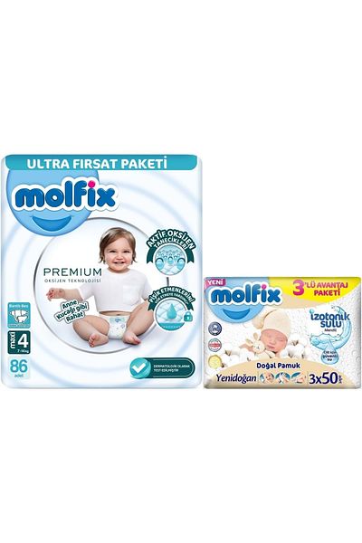 Molfix Premium Baby Diaper 7-14kg, 86 Pieces and 3 Wet Wipes