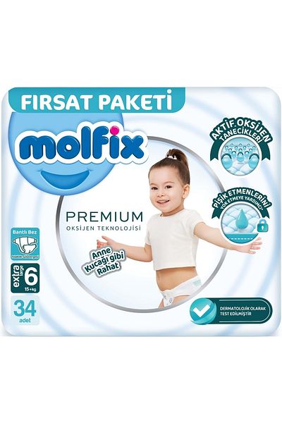 Molfix Premium Baby Diaper Size:6 (15+kg) Extra Large 68 Pieces Fırsat Pk + 3 Wet Wipes