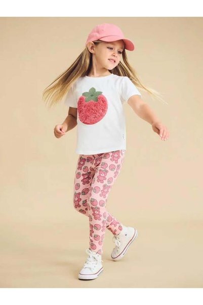 Lolliboomkids Devojčice 3D vez aplikacija bela T-shirt šara, jagodine leggins...