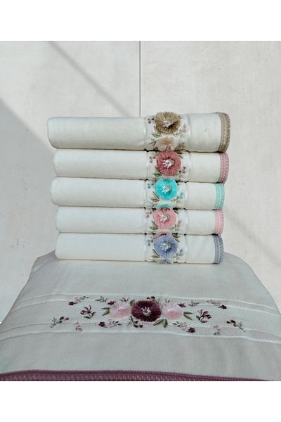 Fiesta Velvet Dual Border 3D Embroidered 100% Cotton 50X90 cm Hand Face Towel (6 Pieces)