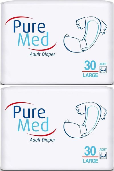 Puremed Large L Large 60 Pieces Textile Surface Patient Diapers with Waist Band (2Pk*30)