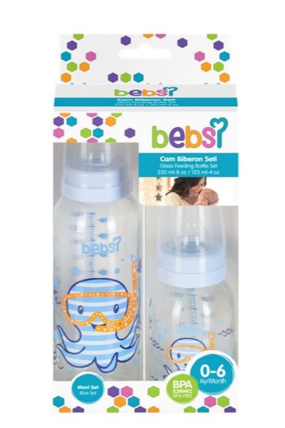 Bebsi 3 Lukum 250ml and 125ml Blue Glass Baby Bottle Set