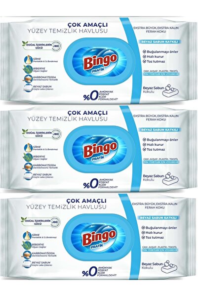 Bingo Clean Yüzey Temizlik Havlusu 96 Yaprak Beyaz Sabun Plastik Kapaklı (3 LÜ SET) 288 Yaprak