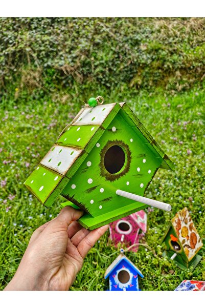 Home بيت الطيور الخشبي الأخضر المرسوم يدويًا، 24 × 17 × 10 سم، ديكور شرفة الح...