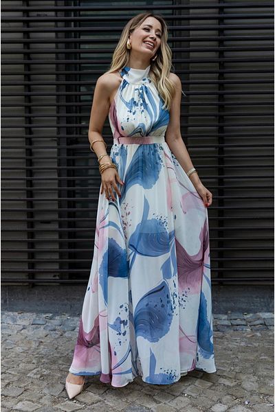 Afiş Butik Cream Halter Neck Blue Patterned Zero Sleeve Waist Fitted Maxi Dress
