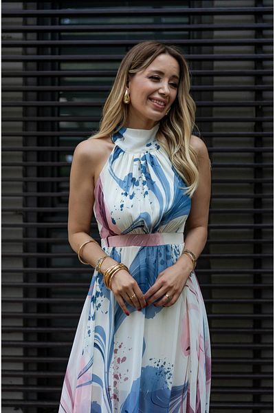 Afiş Butik Cream Halter Neck Blue Patterned Zero Sleeve Waist Fitted Maxi Dress