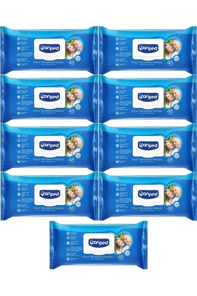 Canped Hasta Vücut Perine Temizleme Islak Mendil Havlu 48 Yaprak Xl (9 LU SET...