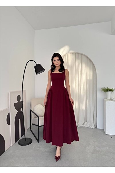 Berf Askılı Piliseli Çan Kesim Maxi Uzun Boy Premium Bordo Elbise