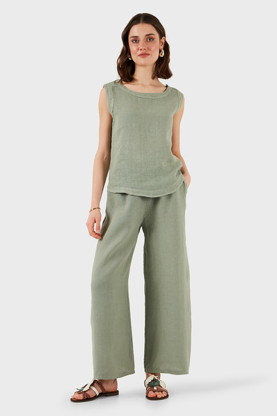 Via Dante Regular Fit Round Neck Oval Cut Linen Top Top 6251544