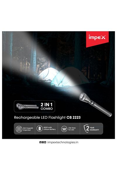İMPEX مصباح يدوي LED قابل لإعادة الشحن من إمبكس، قطعتان (CB 2223)