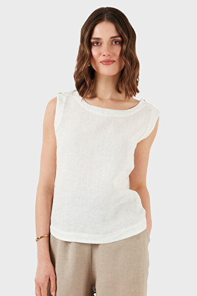 Via Dante Regular Fit Round Neck Oval Cut Linen Top Top 6251714