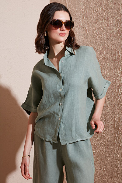 Via Dante Regular Fit Düz Yaka Kısa Kollu Keten Gömlek GÖMLEK 5028544