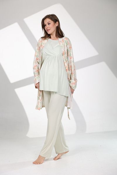 Rimel Homewear Mint Green Patterned Maternity Pajama Set with Dressing Gown