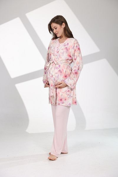 Rimel Homewear طقم بيجامة للحمل بنقشة زهور ناعمة مع ثوب صباحي