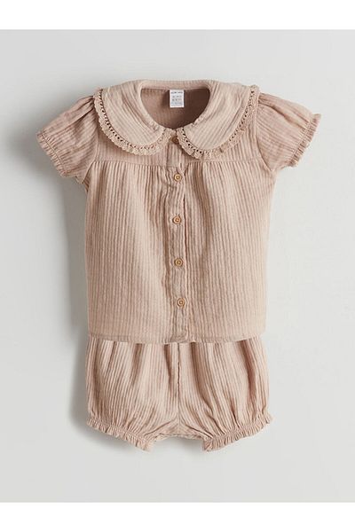 LC Waikiki Beige Muslin Baby Girl Shirt and Shorts 2-Piece