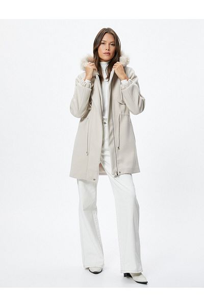 Koton Hooded Coat Faux Fur Detail Lace Waist Pocket