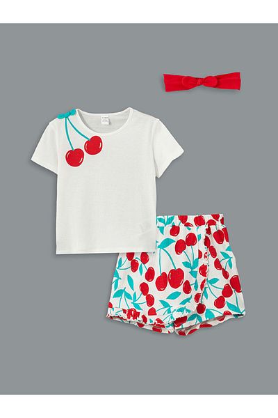 LC Waikiki Lcw Baby Ecru Baby Girl T-Shirt Shorts Hair Band 3 Piece Set