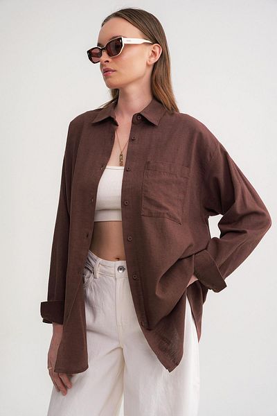 Mixray 4670 Γυναικείο Oversize Βασικό Λινό Πουκάμισο με Τσέπες Καφέ