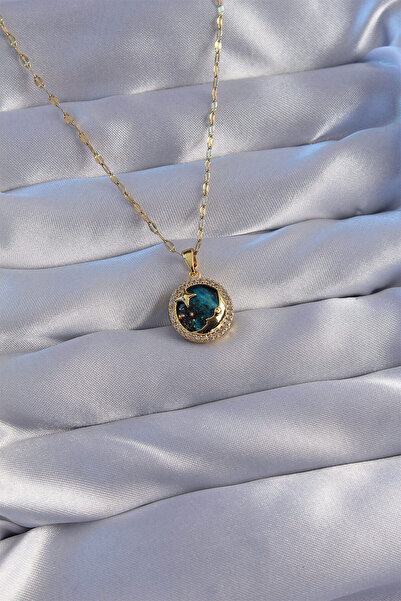 Joyboyshop 316L Çelik Zincir Gold Renk Zirkon Taşlı Ay ve Yıldız Figürlü Geze...