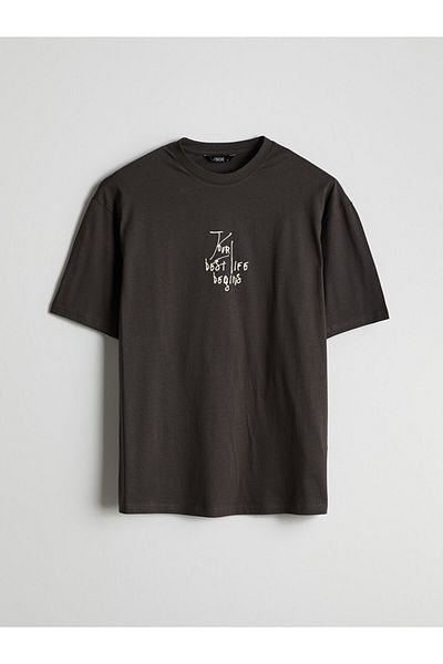 LC Waikiki Ανδρικό μπλουζάκι XSIDE Anthracite Crew Neck με στάμπα χτενισμένο βαμβακερό