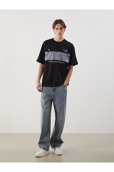 LC Waikiki Ανδρικό μπλουζάκι XSIDE Black Crew Neck με στάμπα χτενισμένο βαμβακερό