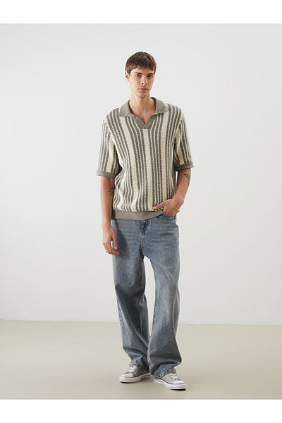 LC Waikiki Xside Beige Polo Collar Striped Men's Knitwear Sweater