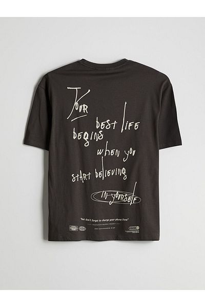 LC Waikiki Ανδρικό μπλουζάκι XSIDE Anthracite Crew Neck με στάμπα χτενισμένο βαμβακερό