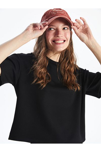 LC Waikiki Dámské tričko XSIDE Black Crew Neck Oversize Crop