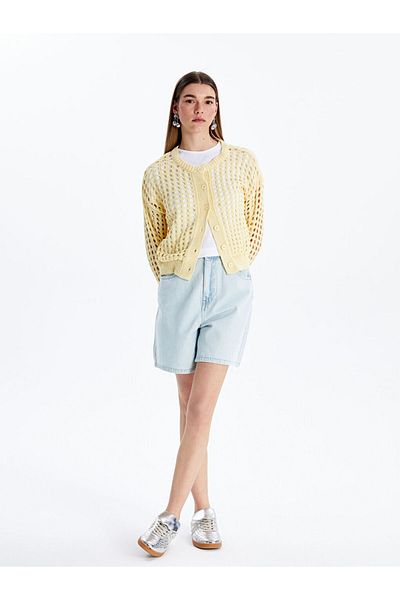 LC Waikiki Xside Yellow Crew Neck Openwork Women's Knitwear Cardigan
