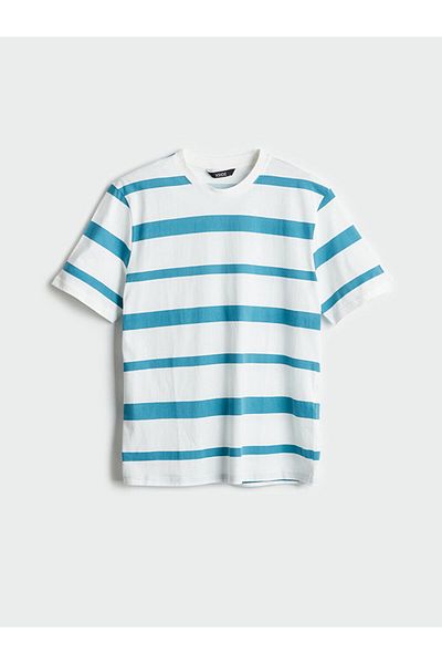 LC Waikiki Ανδρικό μπλουζάκι XSIDE Petrol Crew Neck ριγέ χτενισμένο βαμβακερό