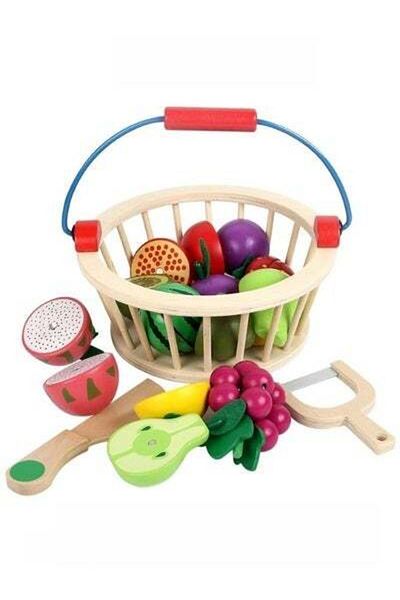 HALAMODO 12-piece Set of Children's Wooden Play House Kitchen Toys Fruit Set with Storage Basket Learning And