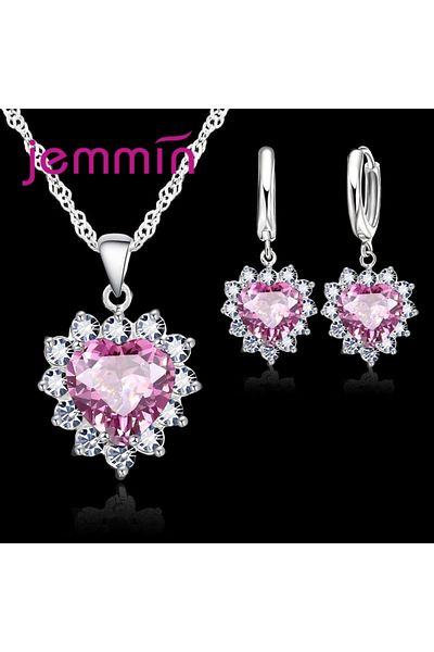Choice Pink Top Sale Wding Engagement Anniversary Gift Jewelry Sets 925 Silver Color Stamped Heart Pendant