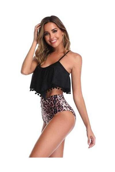 HALAMODO 2 PCS Women Swimsuit, Bathing Suit, Bandeau Bikini Set, Swimwear with Adjustable Strap, Ruffled Flou