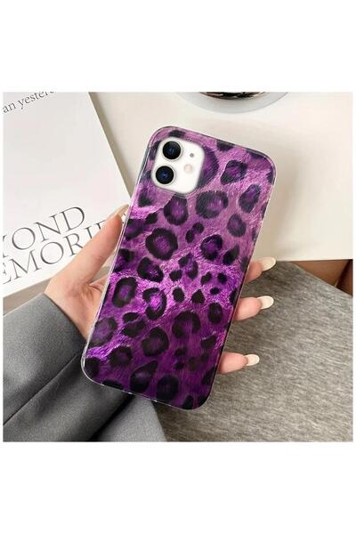 Zebana Apple iPhone 12 Uyumlu Kılıf Zebana Luxe Leopard Silikon Kılıf Mor